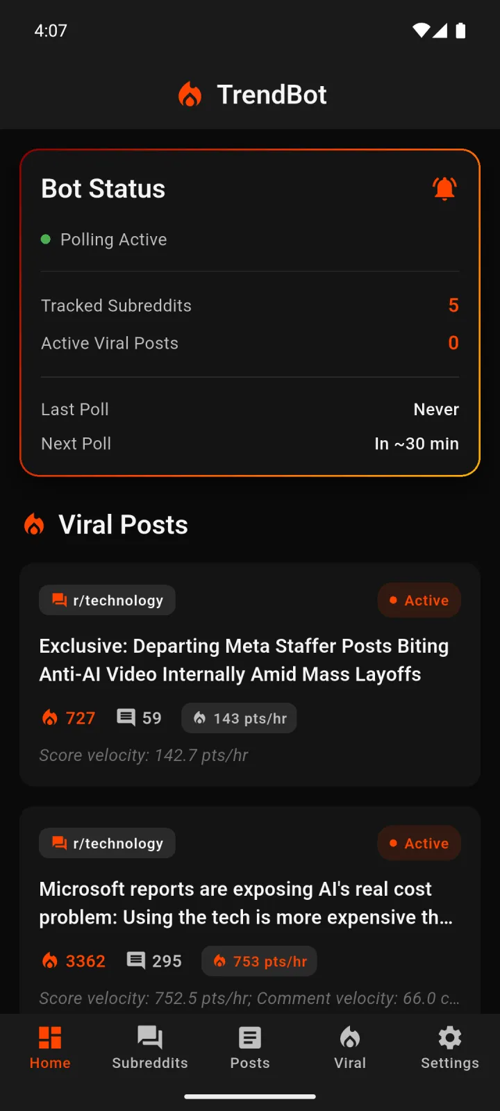 TrendBot home screen